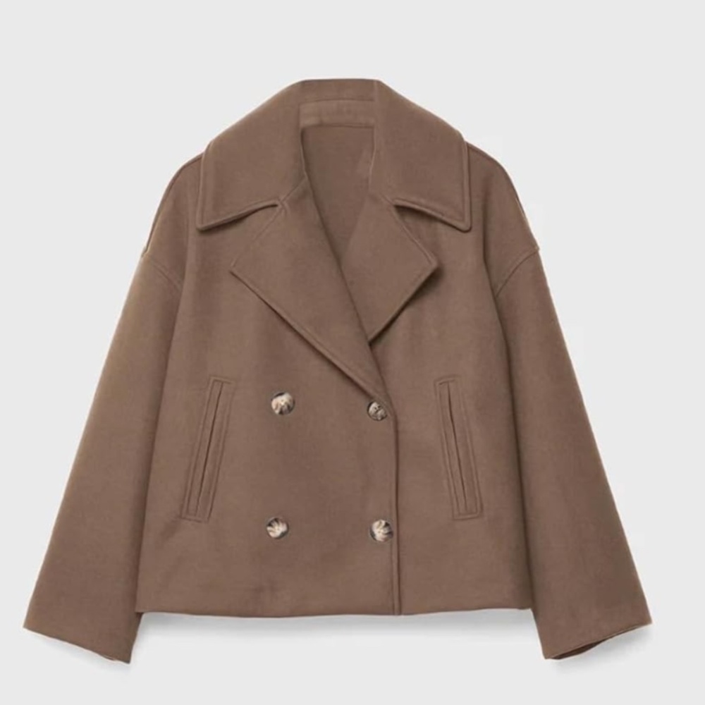 Tan Wool Double Breasted Short Trench Coat Size Small (Nwt)